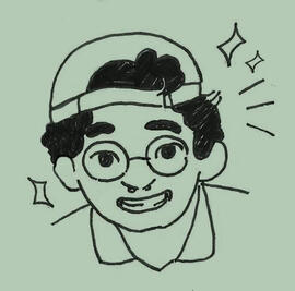 A comic book styled drawing of Luca, who has short curly black hair and is wearing glasses and a backwards baseball cap. They are smiling at the viewer and there are sparkles on either side of their face.