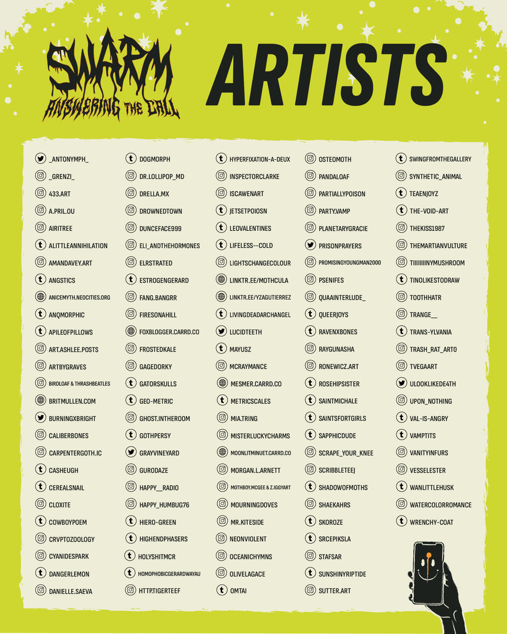Poster with the names of more than 120 artists featured in the zine.